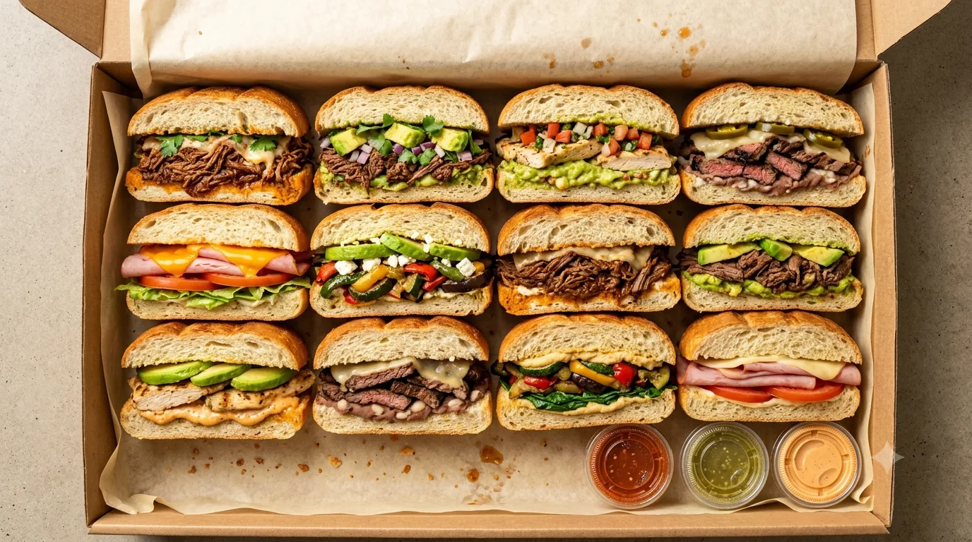 Cateringdoos met twaalf belegde broodjes en sauzen